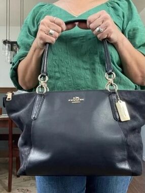 Coach Navy Blue Leather & Suede Tote with Gold Hardware